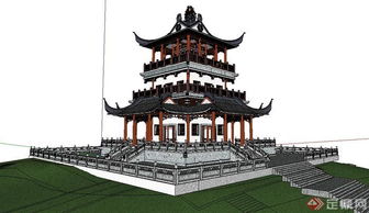 某仿古木構(gòu)萬卷閣建筑設(shè)計(jì)方案su模型